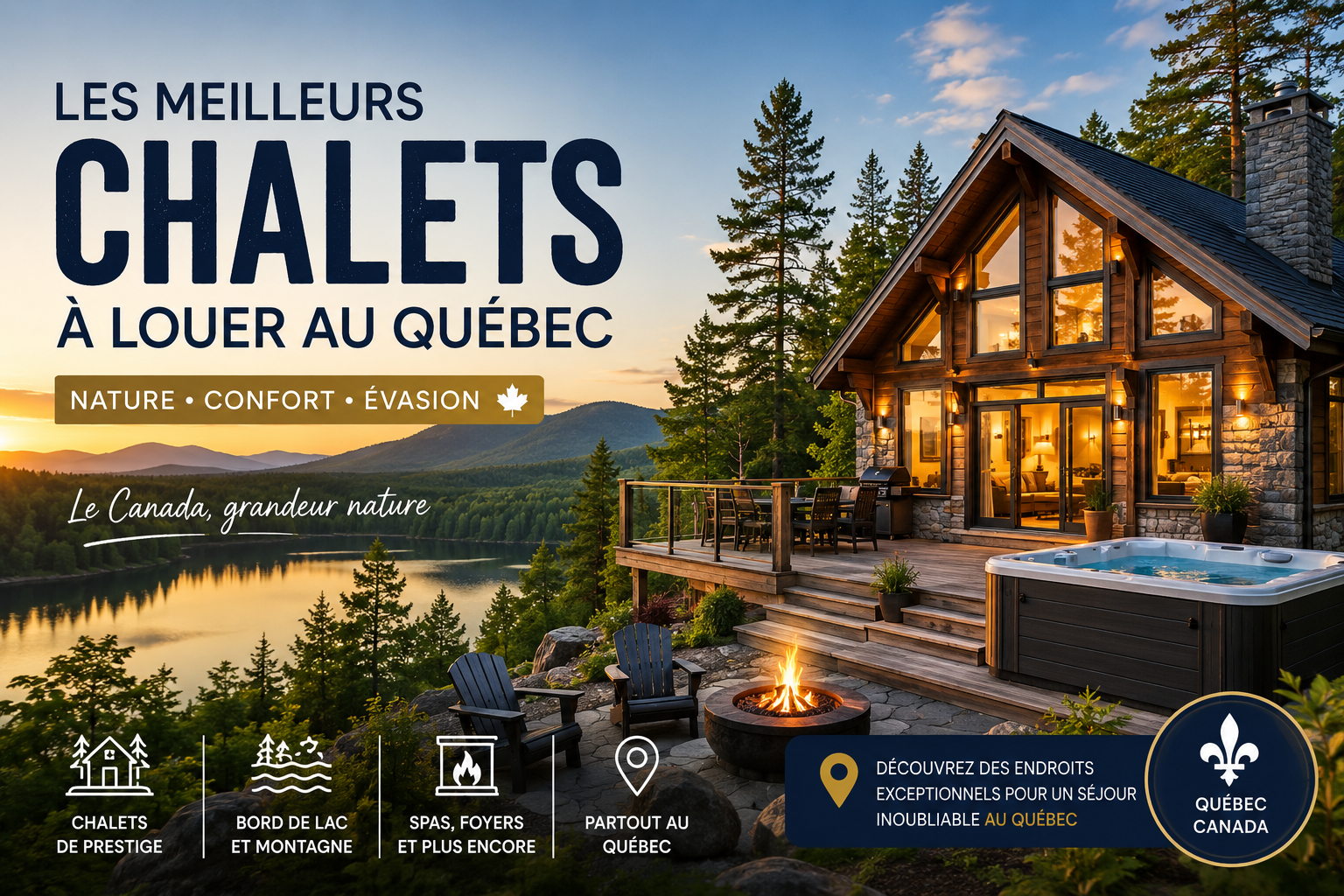 Chalet au bord du lac au coucher du soleil